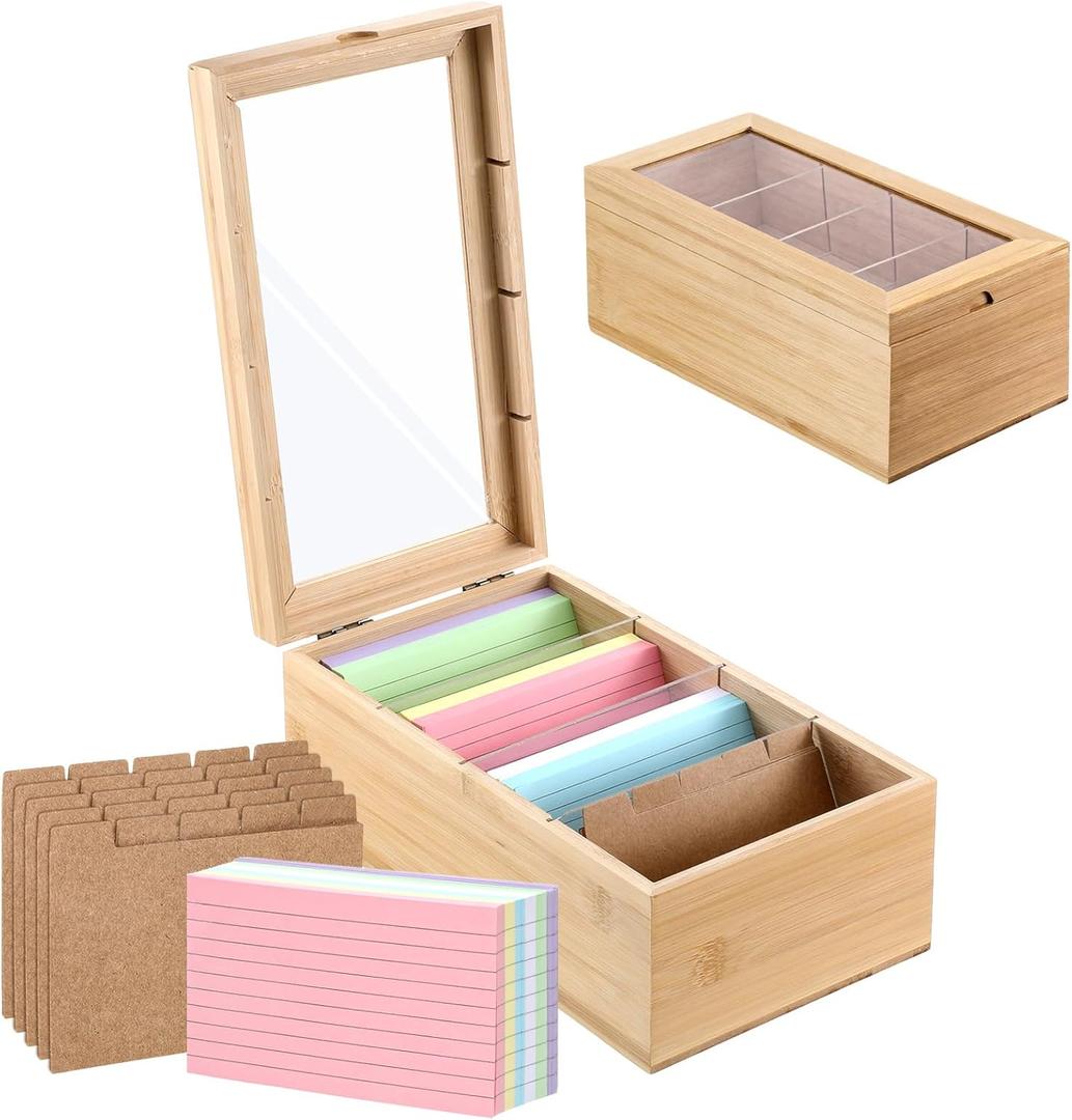 Bamboo Index Card Organizer, 3x5 Index Card Holder Box With Dividers, Wood Recipe Box With Lid, 4 Compartments for 1200 Cards - 5.9" W x 10.23" D x 4.13" H