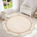 GarveeHome Scalloped Bow Rug for Living Room, 5ft Round Rugs Washable Solid Beige Rug for Dorm Soft Low Pile Non Slip Scalloped Rugs for Nursery Bedroom Decor Hallway Kids Room Playroom