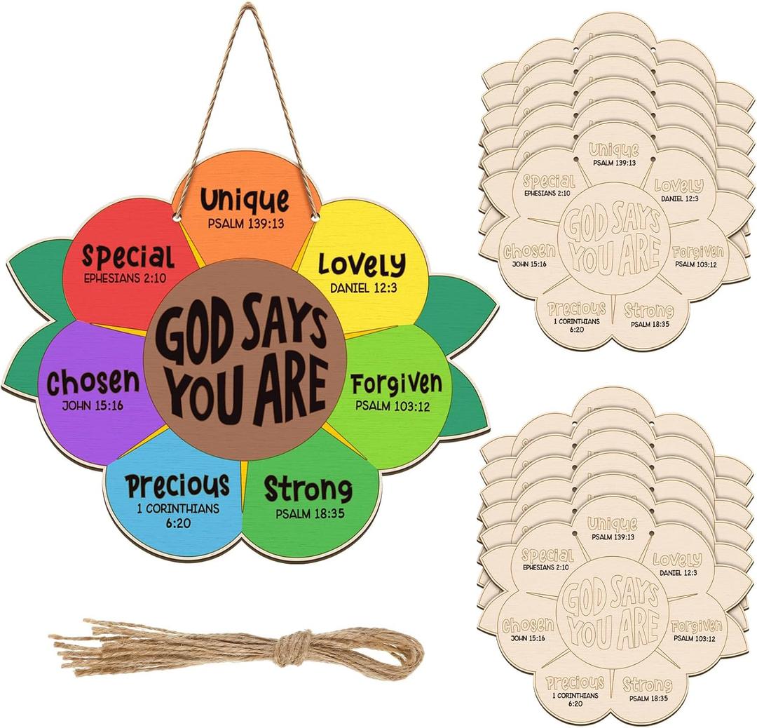 12 Sets Sunday School Craft for Kids God Says You are Sunflower Craft Christian Wooden Painting DIY Activities Religious Bible Sunflower Gifts with String for Sunday School Church Home