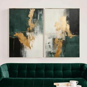 Green And Gold Abstract Wall Art Dark Green And Black Abstract Canvas Wall Art Emerald Green Pictures Gold Foil Artwork Black Gold Green Painting Modern Abstract Room Decor 16x 24in x 2pcs, No Frame