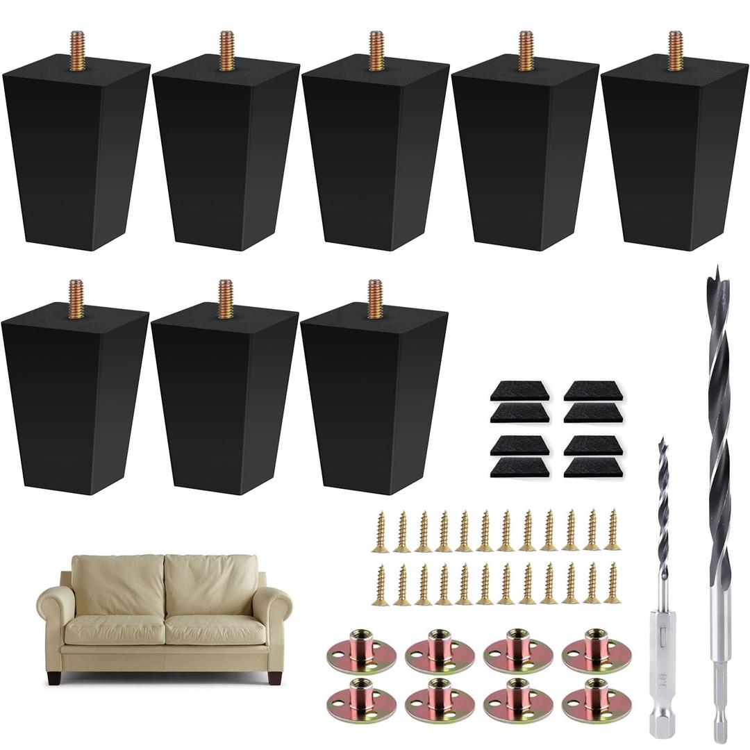 Sofa Legs Square Bed Feet 3 inch Wood Replacement Leg for Furniture Set of 8,Black (3”, 8set)