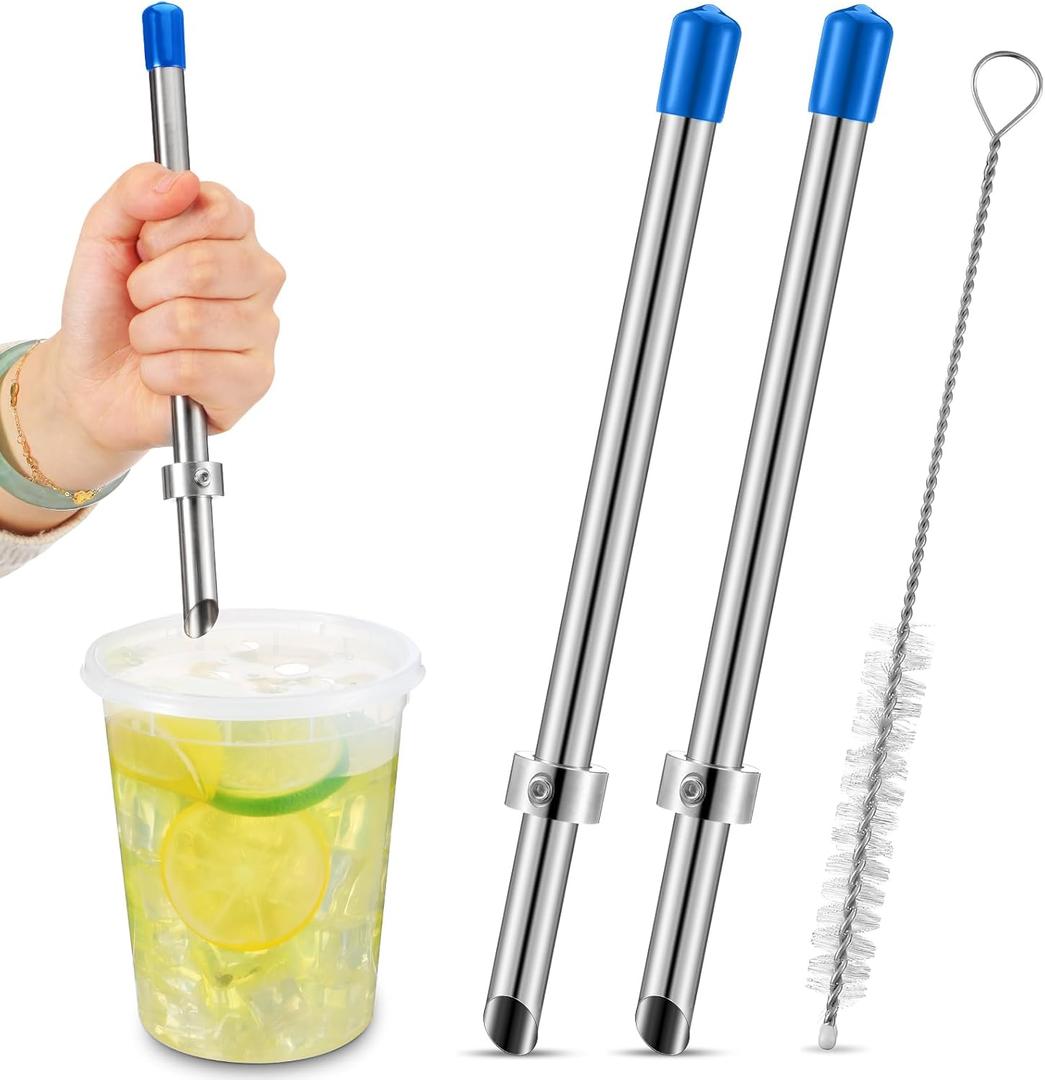 Lasnten 2 Pack Straw Puncher for Plastic Lids Lemonade Cups, Stainless Steel Straw Hole Puncher Punching Tools for Cafe Drinks Deli Container Squeezed Fresh Lemonade Stand Supplies(8.7 Inch,Blue)