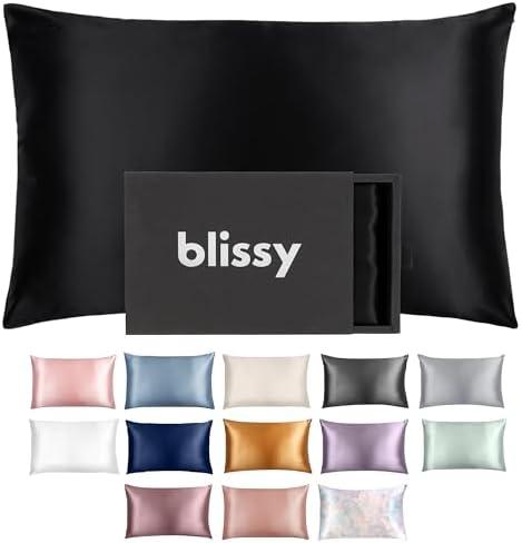 Blissy Silk Pillowcase - 100% Pure Mulberry Silk - 22 Momme 6A High-Grade Fibers - Silk Pillow Cover for Hair & Skin - Regular, Queen & King (Black, Standard)