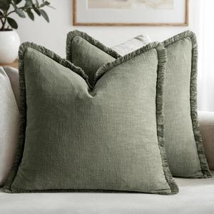 MIULEE Decorative Throw Pillow Covers Neutral Linen Fringe Throw Pillows Euro Shams Set of 2 Light Olive Green Boho Farmhouse Cushions for Couch Sofa Bed Living Room Spring Home Decor 22x22 Inch