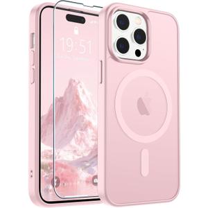 SUPFINE Magnetic for iPhone 14 Pro Case with Screen Protector (Compatible with MagSafe) (Military Grade Drop Protection) Translucent Matte Shockproof Phone Cover,Light Pink