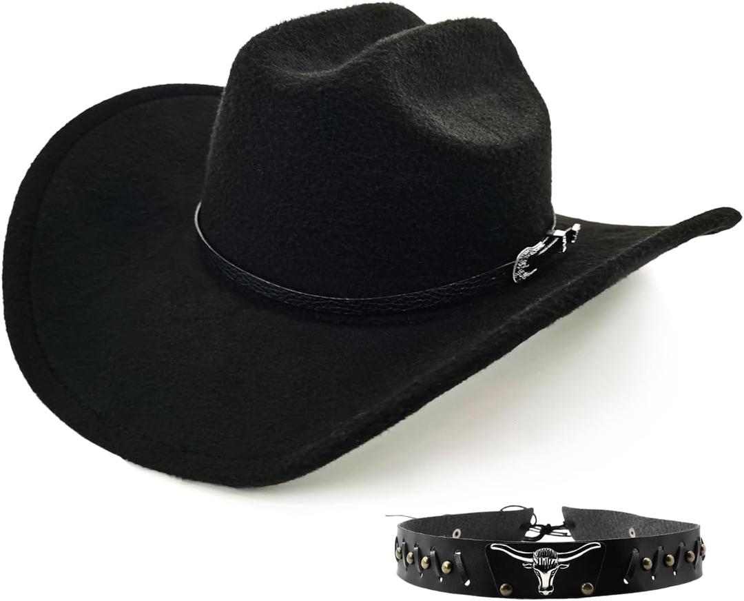 Classic Western Cowboy Hat for Men & Women, Felt Cowgirl Hat with Two Decorative Bands, Wide Brim All-Season Wear
