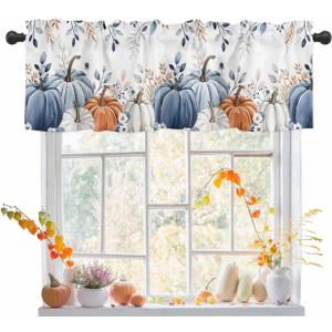 Fall Valance Curtain Pumpkin Blue Kitchen Curtain Thanksgiving Autumn Leaves Window Treatment Topper Curtains for Kitchen Living Room Bathroom Fall Seasonal Decor 1 Panel 54x18 Inch