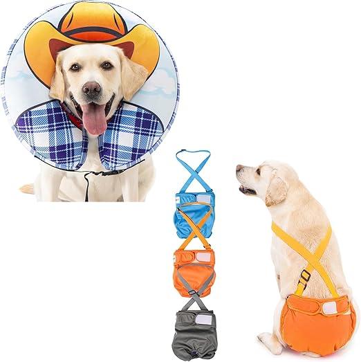 Avont Inflatable Dog Cone Collar After Surgery Bundle with 3 Pack Avont Washable Female Dog Diaper with Suspender