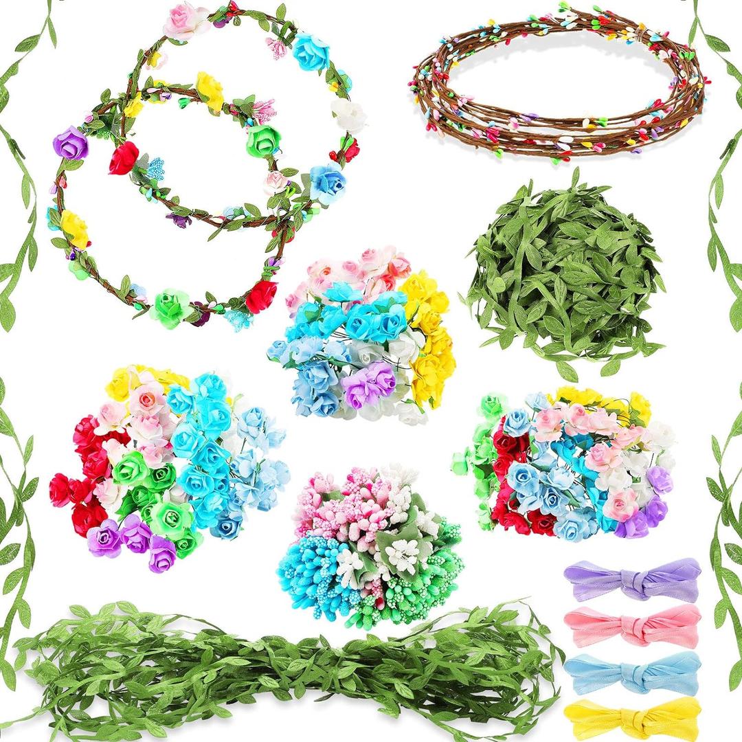 Syhood Crowns Making Kit, Make Your Own Flower Crown Wreath Headbands and Bracelets Craft Kit Hair Accessories Handmade DIY Floral Garland Presents for Girls (Paper Rose)