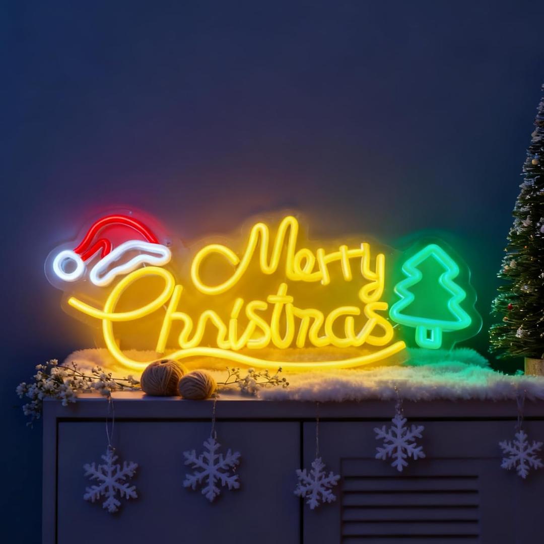 Merry Christmas LED Neon Sign, Dimmable Merry Xmas Decorative Light Holiday Theme Decor for Living Room Bedroom Party Pub Home Wall Table Festive Vibe Light Up Letters Sign, 17 x 7.2 In