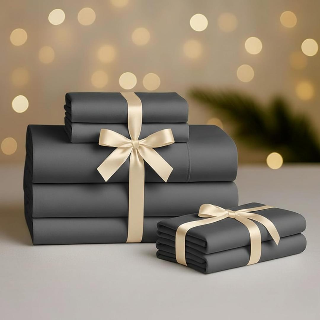 100% Egyptian Cotton Sheets Split King Size 7Pcs Bundle: 400 Thread Count, Sateen 5-Piece Sheet Set & 2-Pack Standard Pillowcases, Deep Pocket, Hotel Quality Luxury Bedding in Charcol