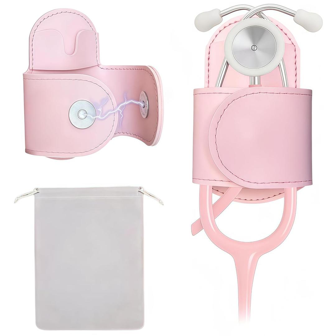 Magnetic Stethoscope Holder Clips, Secure Hands-Free PU Leather Holster for Scrubs, Belts & Lab Coats - Portable Stethoscope Accessories for Nurses, Doctors, EMTs, Medical Students (Pink)