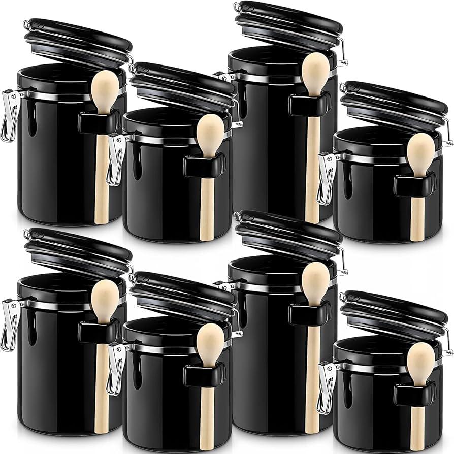 8 Pack Ceramic Kitchen Canisters Set with Wooden Spoon Black Canister Sets for Kitchen Counter Airtight Food Storage Container for Coffee Tea Sugar Flour Snacks Farmhouse Kitchen Decorative