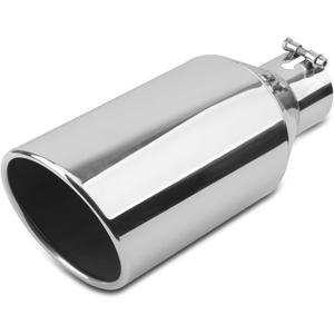 3 inch Inlet Exhaust Tip, 6" Outlet 15" Overall Length Stainless Steel Exhaust Tail Pipe, Bolt-On, Rolled Edge, Slant Sleek Angle Cut, Polished Tailpipe, Silvery