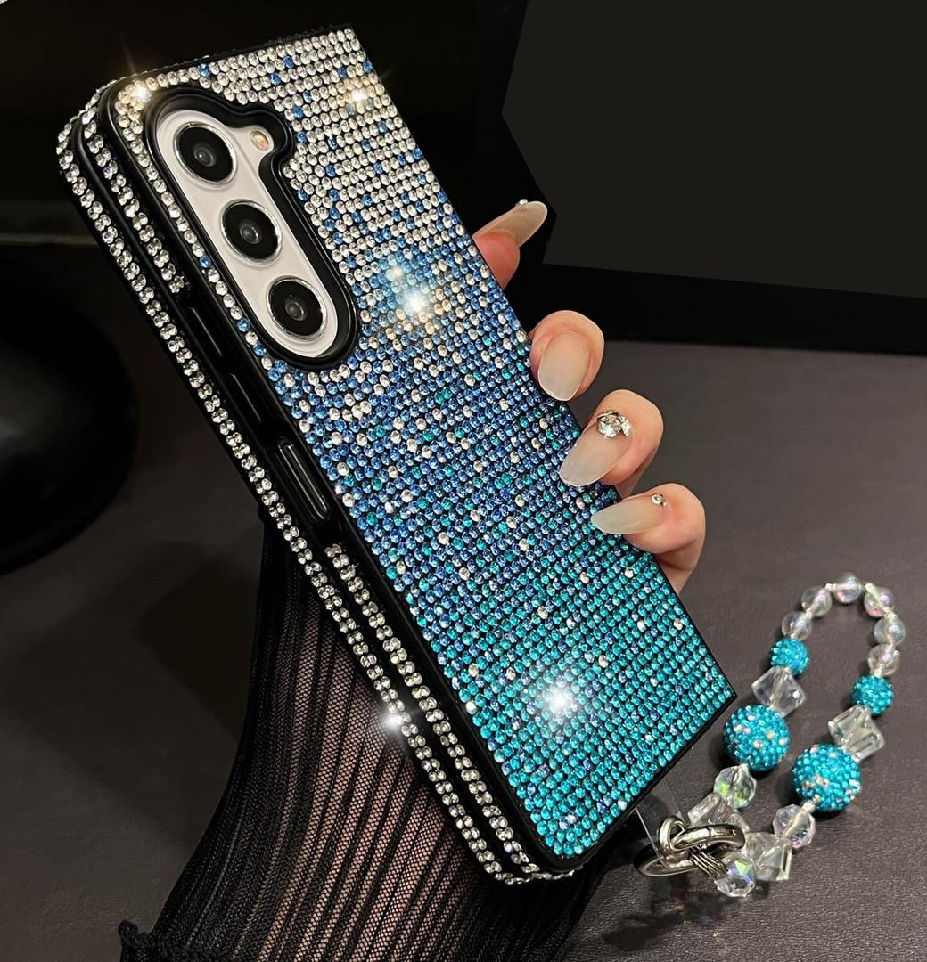 for Samsung Galaxy Z Fold 7 Bling Case Luxury Glitter Diamond Sparkly Rhinestone Cute Gemstone Slim Pretty Phone Cover with Crystal Wrist Strap for Women Girly,Blue