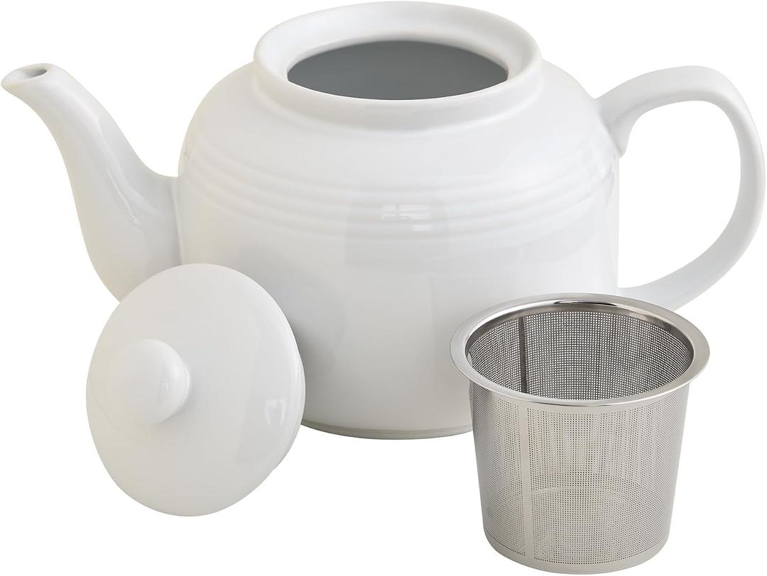 HIC Kitchen House of Prill Teapot with Stainless Steel Infuser, Fine Porcelain, White, Steeps Loose Tea, 6-Cup, 32-Ounce Capacity