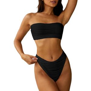 ZAFUL Women Strapless Textured Bandeau Bikini 2 Piece Swimwear Cheeky Solid Lace up Bathing Suits (Large, 1-black Wave)