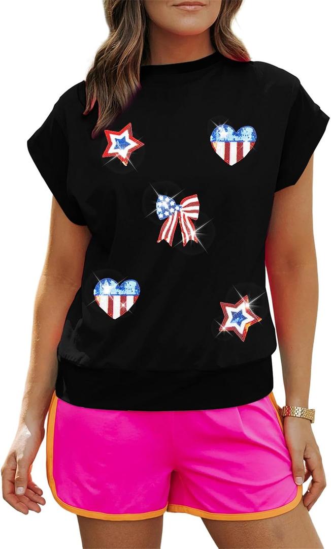 Women American Flag Cap Sleeve Shirt Sequin USA Star T-Shirt Sparkly 4th of July T-Shirt Patriotic Tee Tops (Small, Black)