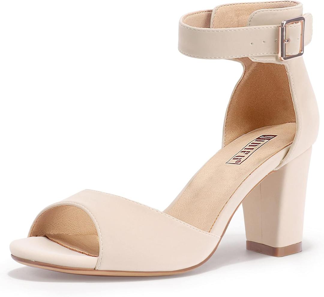 IDIFU Women's Candie-MI Peep Toe Low Block Heels Sandals Ankle Strap Comfy Chunky Wedding Dress Shoes (7, Nude Nubuck)