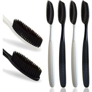 Large Long Head Toothbrush, 4-Pack, Upgraded Hard & Firm Charcoal Bristles, Whitening Teeth, Removing Plaque, Brace, Cigarette, Coffee and Other Stains, Suitable for Daily Oral Care.