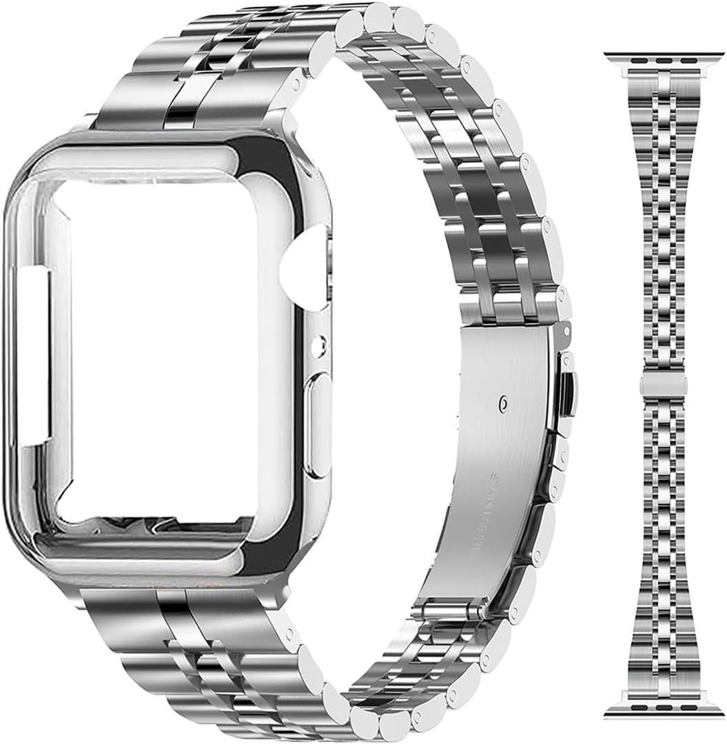 Slim Metal Bands Compatible with Apple Watch 40mm 38mm 41mm 42mm 44mm 45mm, Metal Stainless Steel Chain Strap for Women iWatch Series 9 8 7 6 5 4 3 2 1 SE (Silver)