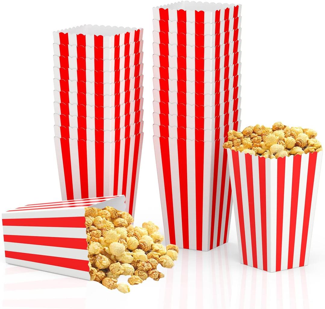 36 Pcs Popcorn Boxes, Mini Paper Popcorn Box, Container for Movie Night Decorations, White and Red Stripes