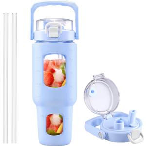 BLUEGO 40 oz Glass Water Bottle With Straw, Leakproof With Time Marker and Silicone Sleeve, Wide Mouth for Travel, Gym, Workout, Blue