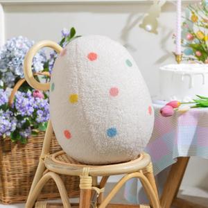 Ashler Easter Pillows, Egg Shaped Throw Pillow, White Spring Easter Decoration, Teddy Sherpa Egg Pillow with Colorful Polka Dots Embroidery, Easter Eggs Decor for Bedroom, Living Room, Couch, 14x11 in