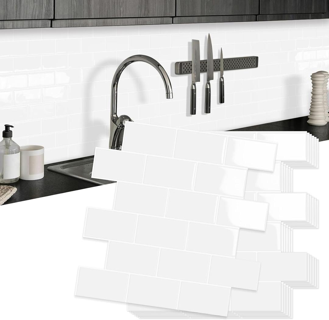 10 Sheet Thicker Subway Tiles Peel and Stick Backsplash,12"x12" White Self Adhesive Wall Tile Stick on Backsplash for Kitchen and Bathroom
