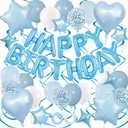 YWWSNSE Blue Birthday Decorations, 3D Foil Light Blue Happy Birthday Balloon Banner with Star and Heart Balloons, Confetti Balloons, Hanging Swirls, for Girls Women Party Decorations
