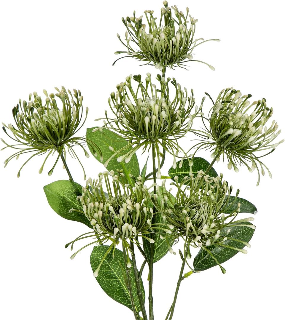 Hollyone 33" Green Artificial Mums Flowers Chrysanthemum Flowers 2Pcs Spider Mum Flower Arrangement Faux Pincushion Flower Faux Flowers with 3 Heads Long Stem for Centerpiece Bouquet Home Decor