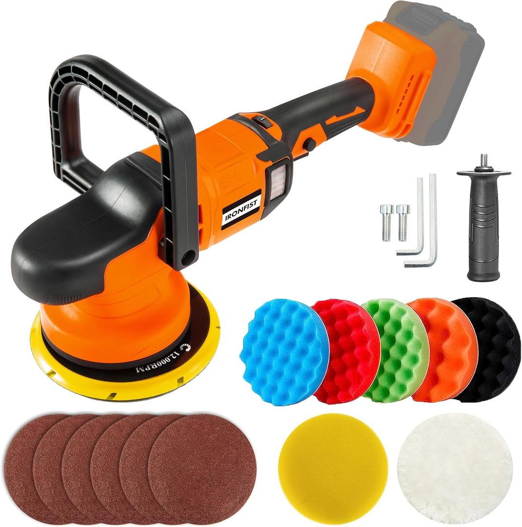 IRONFIST Cordless Orbital Polisher for DEWALT 20V MAX Batteries, 6inch 150mm Brushless Buffer Car Waxer with 6 speeds 750-6800RPM, 13PCS Polishing Accessories (NO BATTERY)