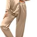 Ekouaer Women's Classic Button Down Long Satin Silk Pajama Set (Small, Khaki)