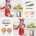 4-in-1 Rotary Cheese Grater Handheld, Lightweight Body with 4 Stainless Steel Blades & Non-Slip Suction Base, for Shredding Parmesan, Slicing Vegetables, Grating ChocolateRed