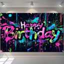 Neon Happy Birthday Banner 96x72 Inch Photography Backdrops Party Background Decorations Colorful Graffiti Splash Paint Kids Birthday Supplies Glow in The Dark