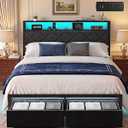 Petkulo Full Bed Frame with LED Lights, Charging Station & 2 Storage Drawers, Metal Platform with Upholstered Headboard, No Box Spring Needed, Easy Assembly