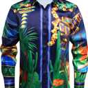 Mens Luxury Print Dress Shirt Long Sleeve Button-Down Shirt (Blue)