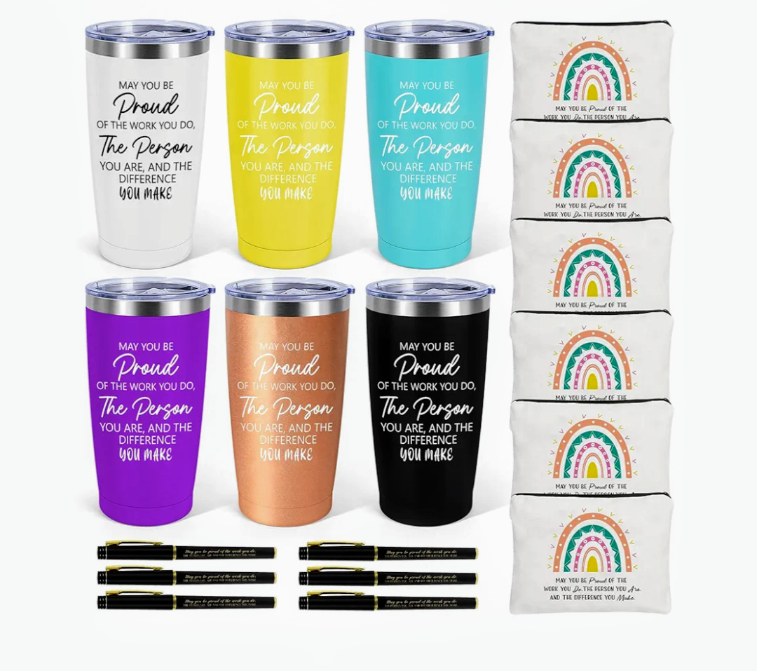 6 Set Employee Appreciation Gifts Bulk, Gift for Coworkers Teachers Nurses, 20 OZ Inspirational Stainless Steel Tumbler Makeup Bags Pen Thank You Gifts For Women Men Team Staffs
