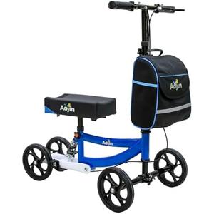 Aojin Knee Scooter, 300lbs Capacity, 13" Big PU Seat, All Terrain Foldable Knee Scooter Walker with Bag for Foot Injuries Compact Crutches Alternative (Blue)