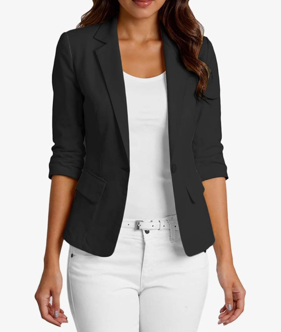 ELLEVEN Women's Ruched 3/4 Sleeve Blazers, Lightweight Slim Fit Jackets with Padded Shoulder for Business Casual, Size: M