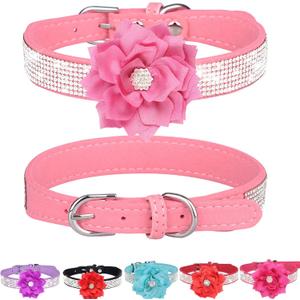 Rhinestone XS Dog Collar with Flower for Girl Female, Pink Dog Collars for Dogs, Bling Cat Collar (Pink, XS)