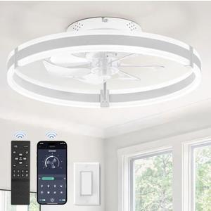 ZMISHIBO Ceiling Fans with Lights and Remote, 19.7'' Low Profile Ceiling Fan, 3000-6000K Dimmable Modern Flush Mount LED Fan Light, 6 Wind Speeds, White Fandelier Ceiling Fans for Bedroom