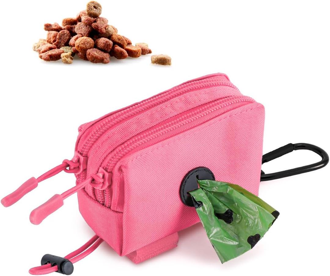 Dog Poop Bag Holder for Leashes, Pink Doggie Waste Bag Dispenser and Treat Holder, with Carabiner Hook and Poop Bag Clip, Used Waterproof Wear-Resistant Fabric and 2 Zippered Pouches for Walking