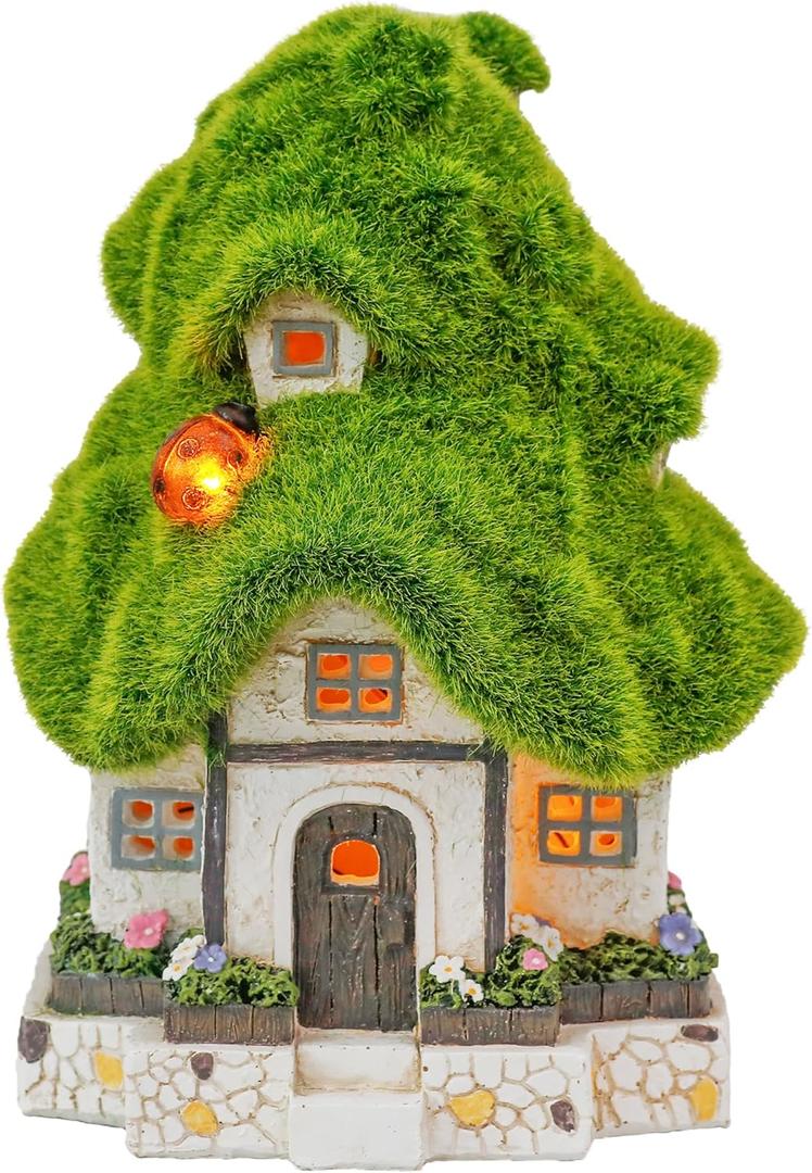 TERESA'S COLLECTIONS Flocked Garden Statue and Figurine Fairy House with Solar Outdoor Lights, Resin Garden Decor Outdoor Statues Garden Cottage Yard Decor Porch Lawn Ornaments Gifts for Mom, 7.4"