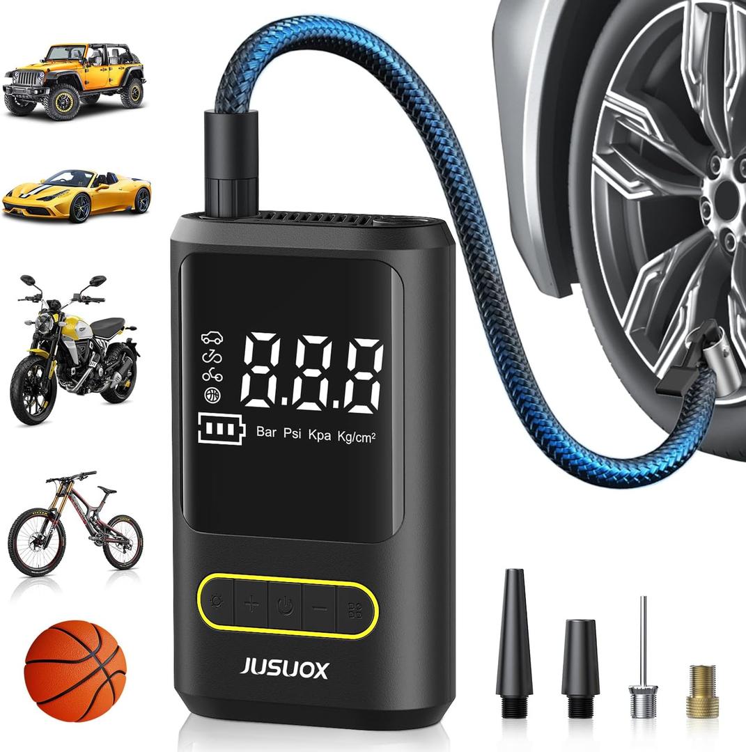 JUSUOX Tire Inflator Portable Air Compressor, Electric Bike Pump with Digital Pressure Gauge, 150 PSI Cordless Air Pump for Car Tires, Motorcycle, Bicycle, Ball with Auto Shutoff, LED Light (Small)