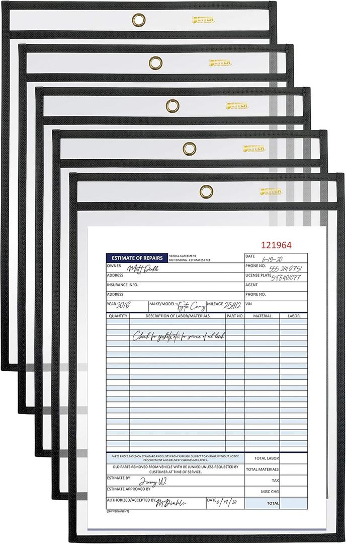 Better Office Products Shop Ticket Holders, 9 x 12 Inches, Both Sides Clear, Stitched Black Edge Trim, 25 Pack