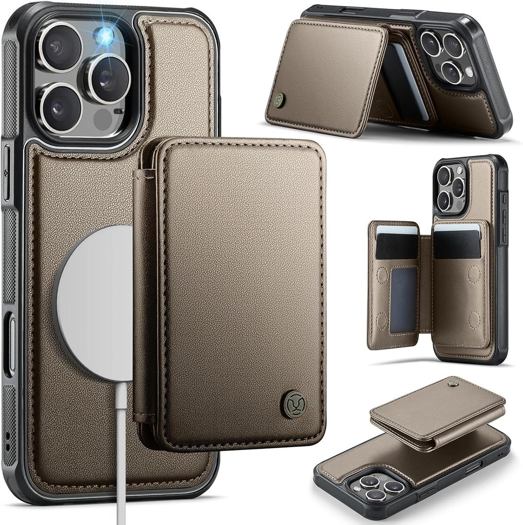 Compatible with Magsafe for iPhone 16 Pro Max Wallet Case Magnetic Card Holder, RFID Blocking 2 in 1 Detachable Kickstand Shockproof Case for Apple 16 Pro Max, Bronze Gold