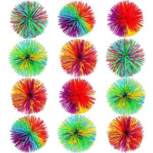 Leinuosen 12 Pieces Stringy Balls Sensory Stringy Ball Soft Rainbow Pom Bouncy Stress Bags Stuffers Party Favors Birthday Gifts, Multicolor (2.75 Inch)