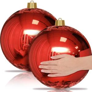 Jerify 2 Pcs 12" Large Christmas Ball Ornaments Giant Shiny Plastic Christmas Ball Outdoor Shatterproof Water Resistant Ball Decorations for Holiday Party Xmas Tree(Red)