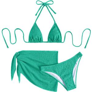 SHENHE Women's 3 Piece Textured High Cut Halter Triangle Bikini Swimsuit with Cover Up Green S